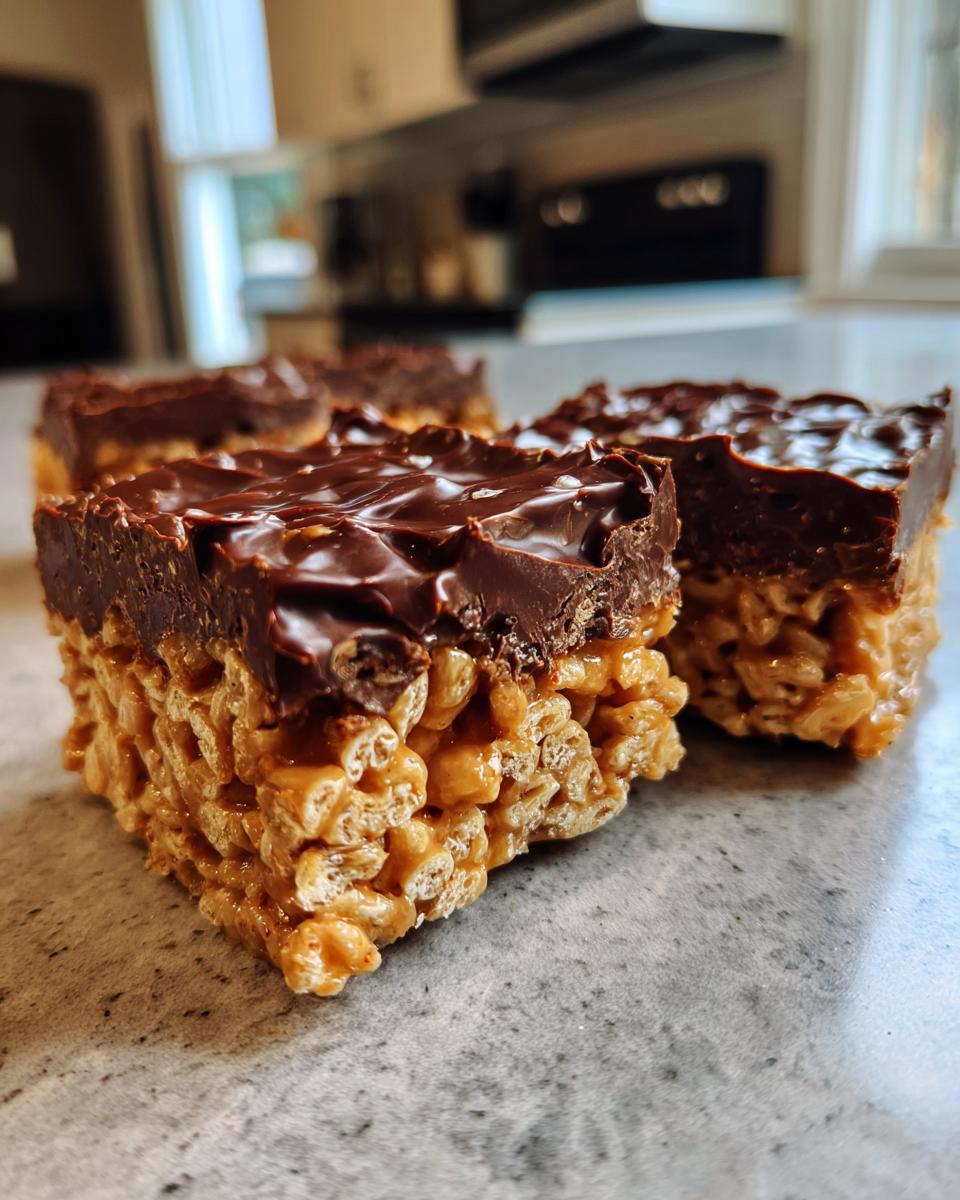 Close-up of three rich peanut butter rice krispie treats bars topped with a thick layer of melted chocolate.