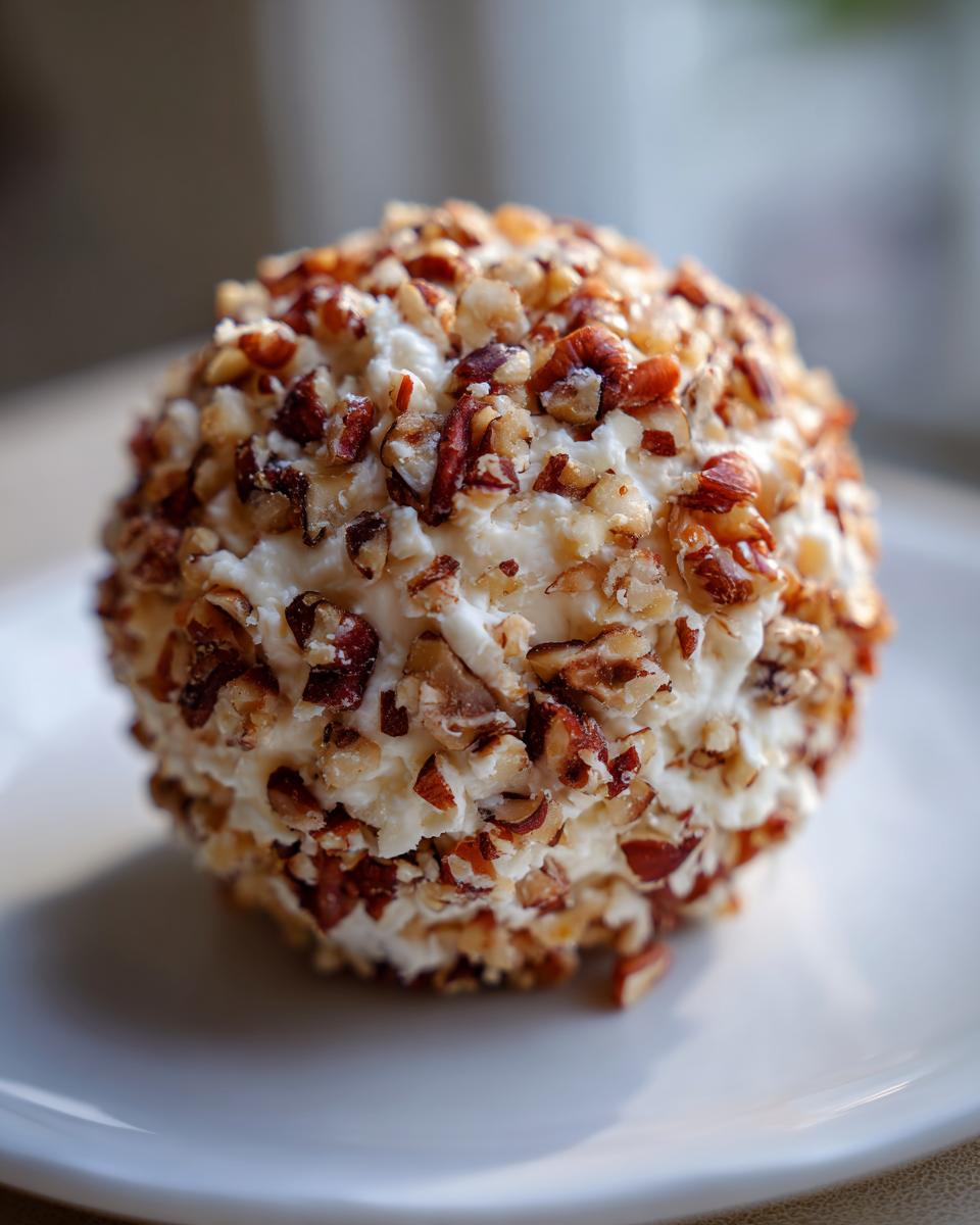 A close-up of a perfectly formed cheese ball recipe coated entirely in chopped pecans on a white plate.