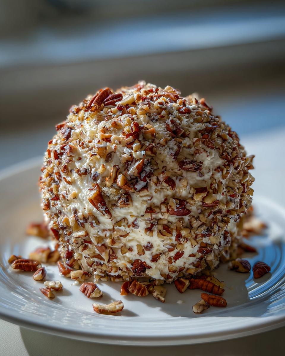 A perfectly round cheese ball recipe coated entirely in chopped pecans, sitting on a white plate.