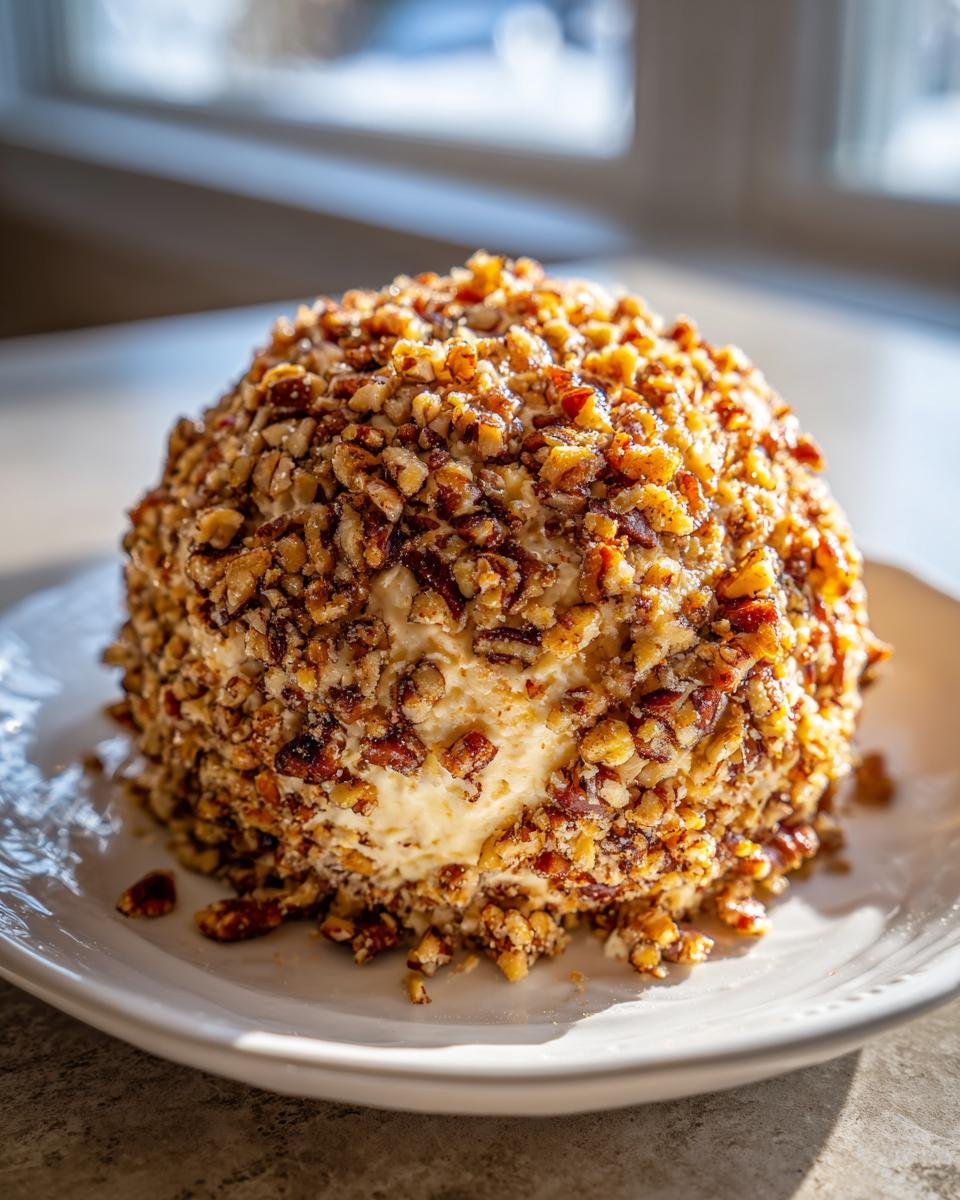 A perfectly formed cheese ball recipe coated entirely in chopped pecans, sitting on a white plate.