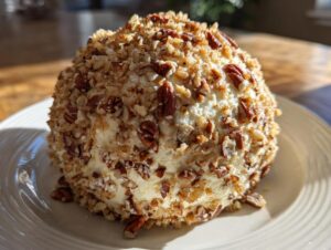 A close-up of a creamy cheese ball recipe coated entirely in chopped pecans, sitting on a white plate.