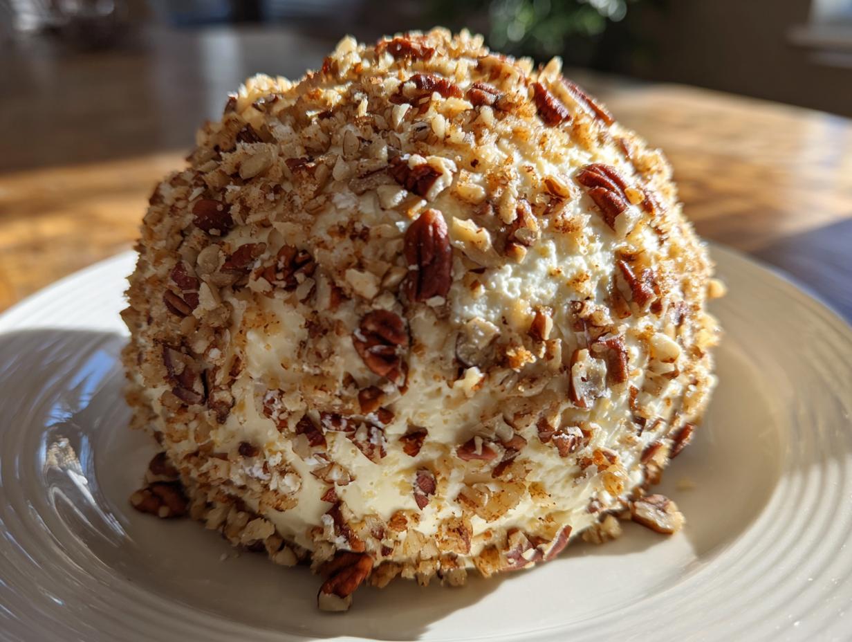 A close-up of a creamy cheese ball recipe coated entirely in chopped pecans, sitting on a white plate.