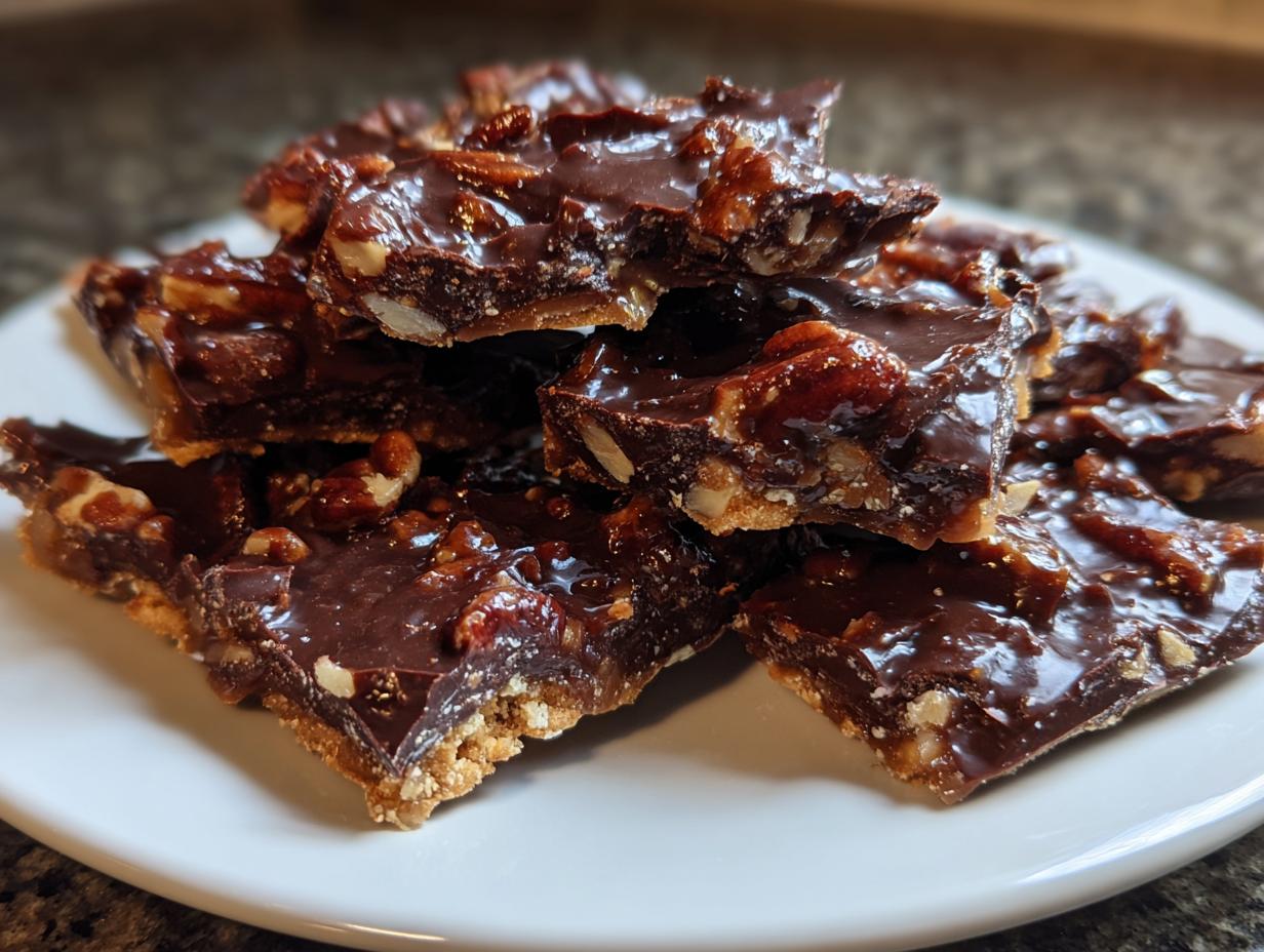 Close-up of several glistening, broken pieces of homemade pecan pie bark stacked on a white plate.