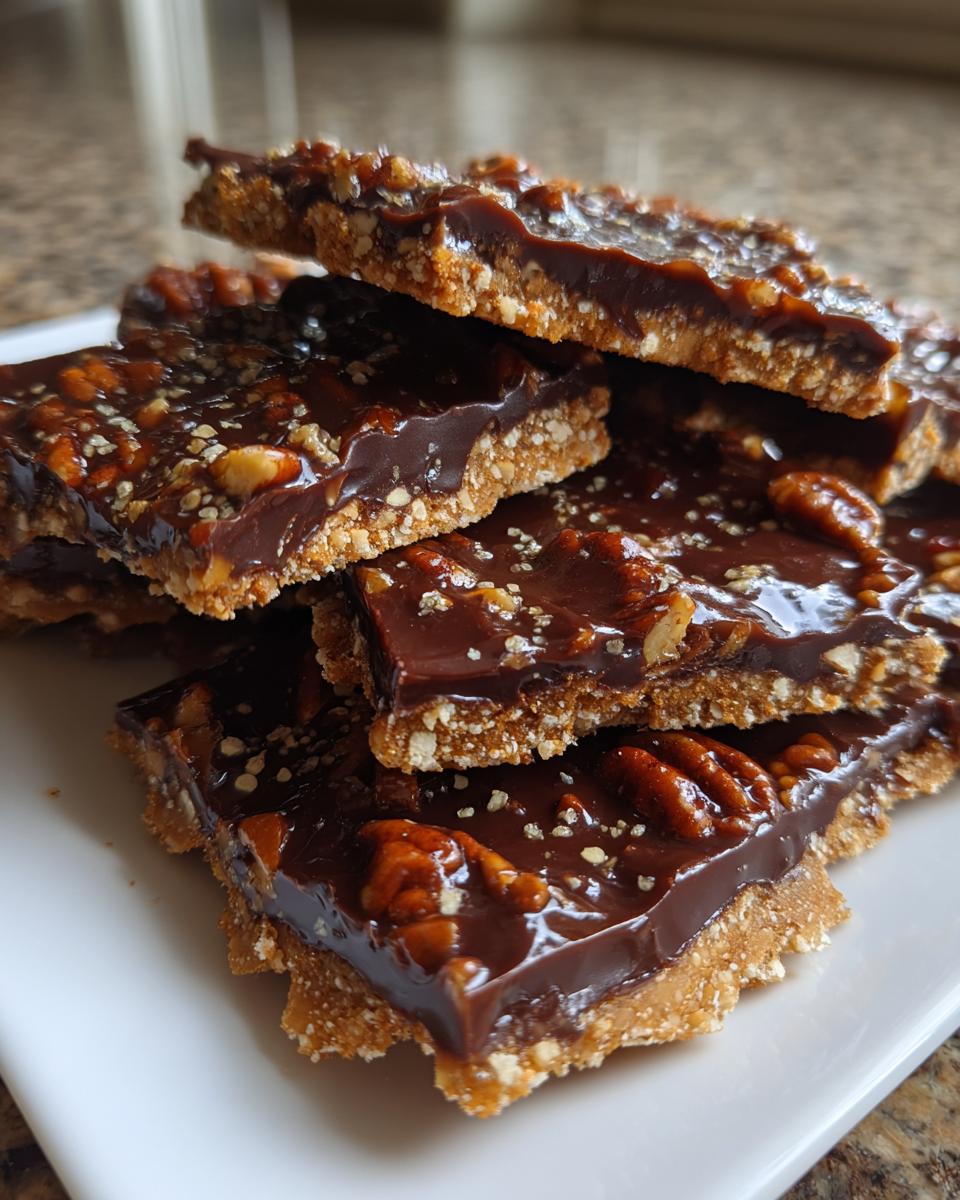A stack of rich pecan pie bark pieces featuring a thick, glossy chocolate layer and whole pecans on a light crust.