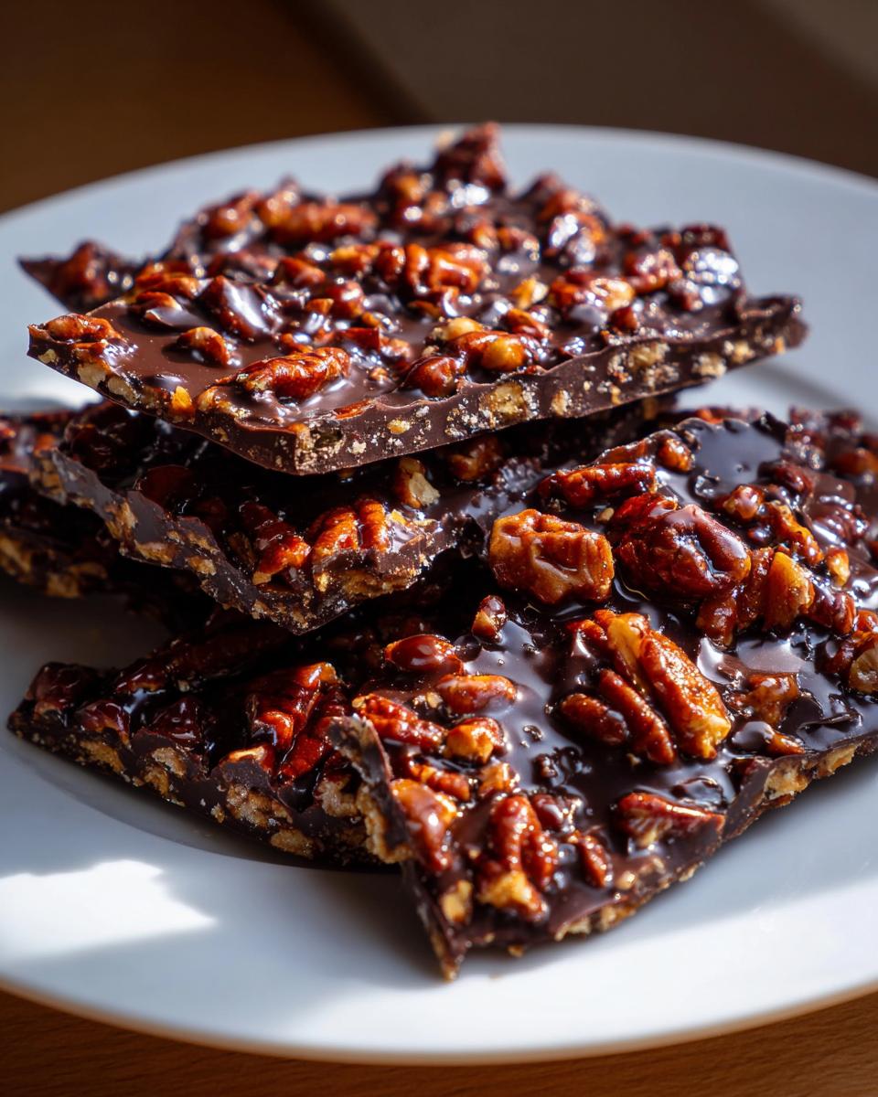 A stack of rich, glossy pecan pie bark pieces topped with candied pecans, served on a white plate.