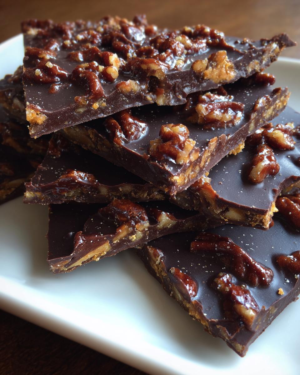 Close-up of stacked pieces of dark chocolate pecan pie bark topped with glazed pecans.