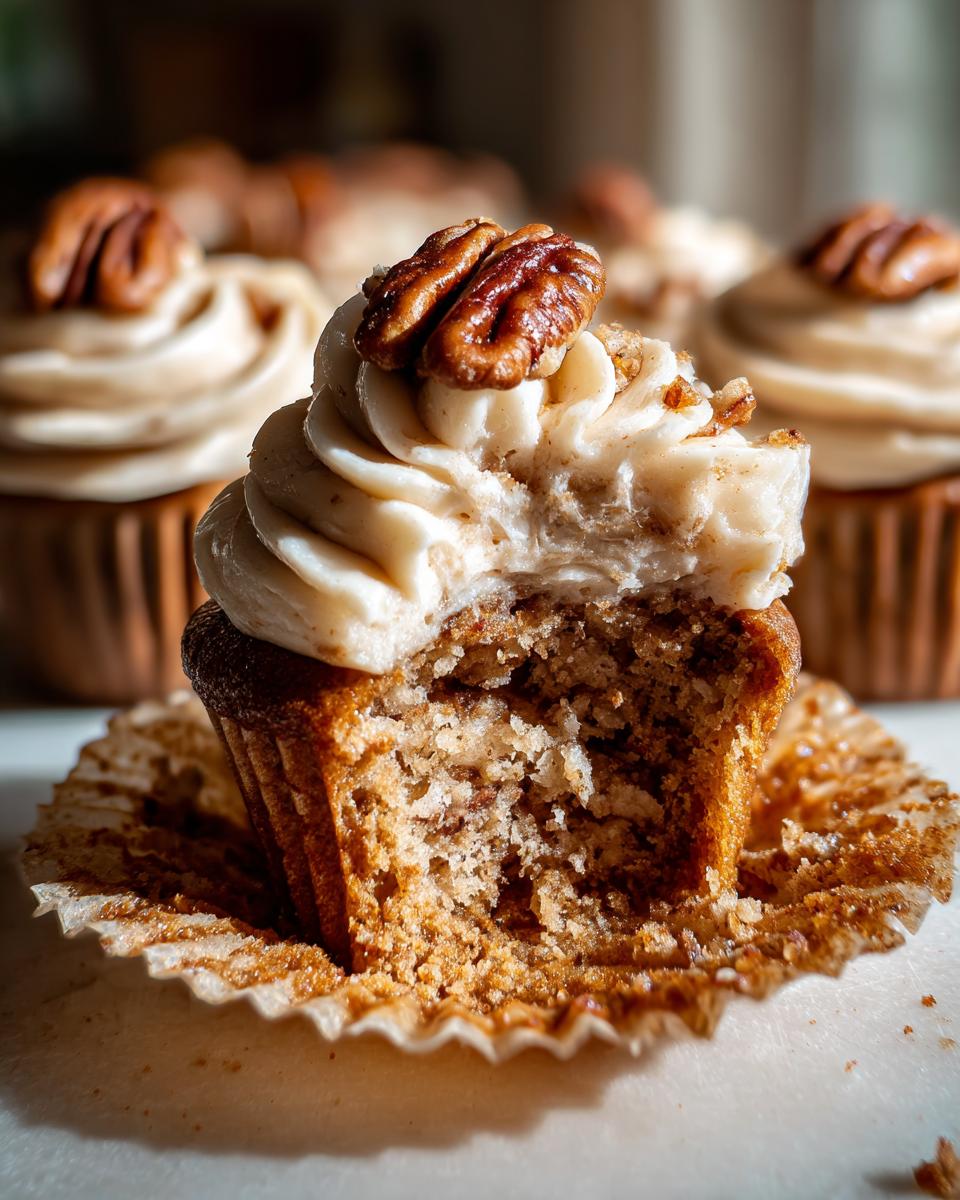 Close-up of a pecan pie cupcakes with a bite taken out, showing the moist crumb and creamy frosting topped with a pecan.