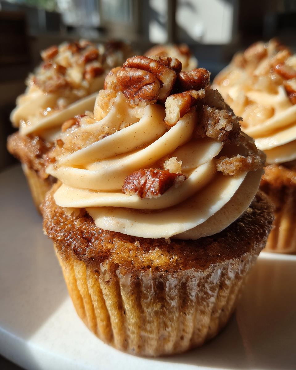 A close-up of a perfectly frosted pecan pie cupcake topped with candied pecans and brown sugar crumble.