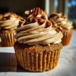 A close-up of a delicious pecan pie cupcake topped with swirled spiced frosting and chopped pecans.