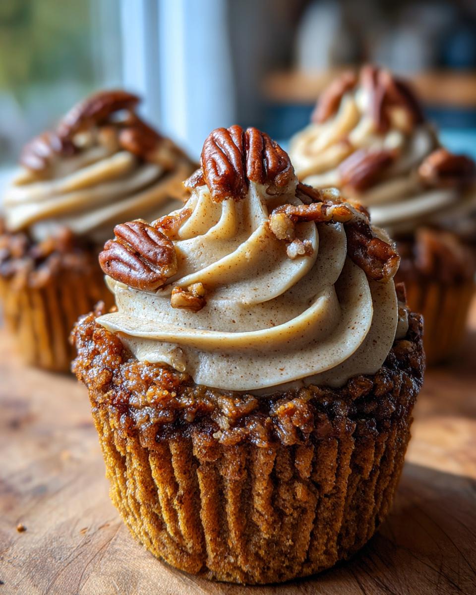 A close-up of a decadent pecan pie cupcake topped with spiced frosting and a whole pecan.