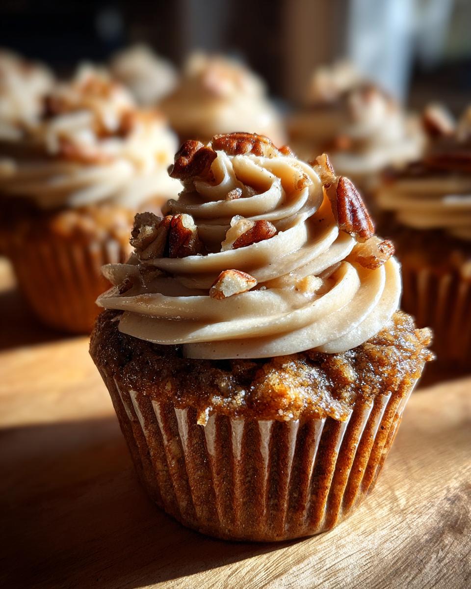 A close-up, dramatically lit shot of one pecan pie cupcake topped with swirled frosting and chopped pecans.