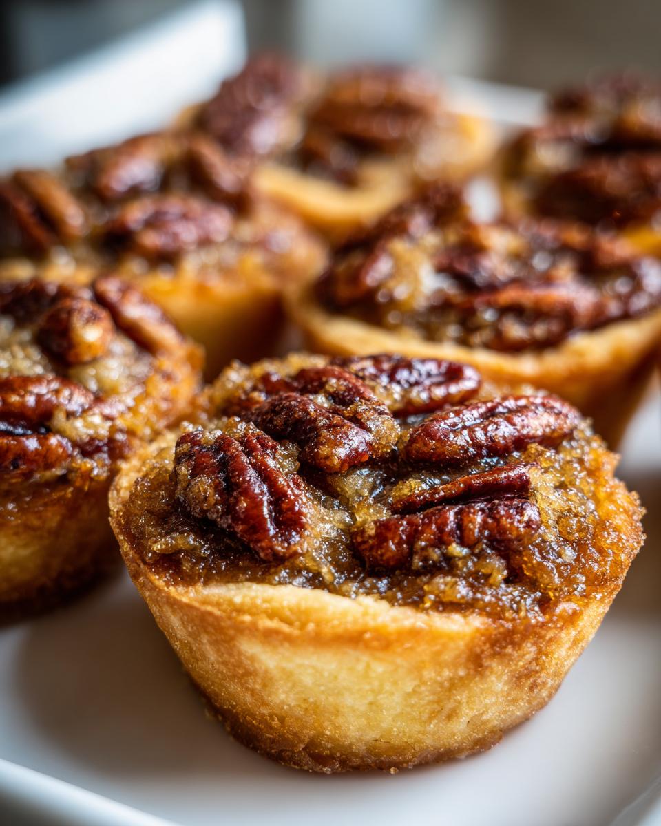 Close-up, macro shot of freshly baked pecan tassies with gooey filling and whole pecans on top.