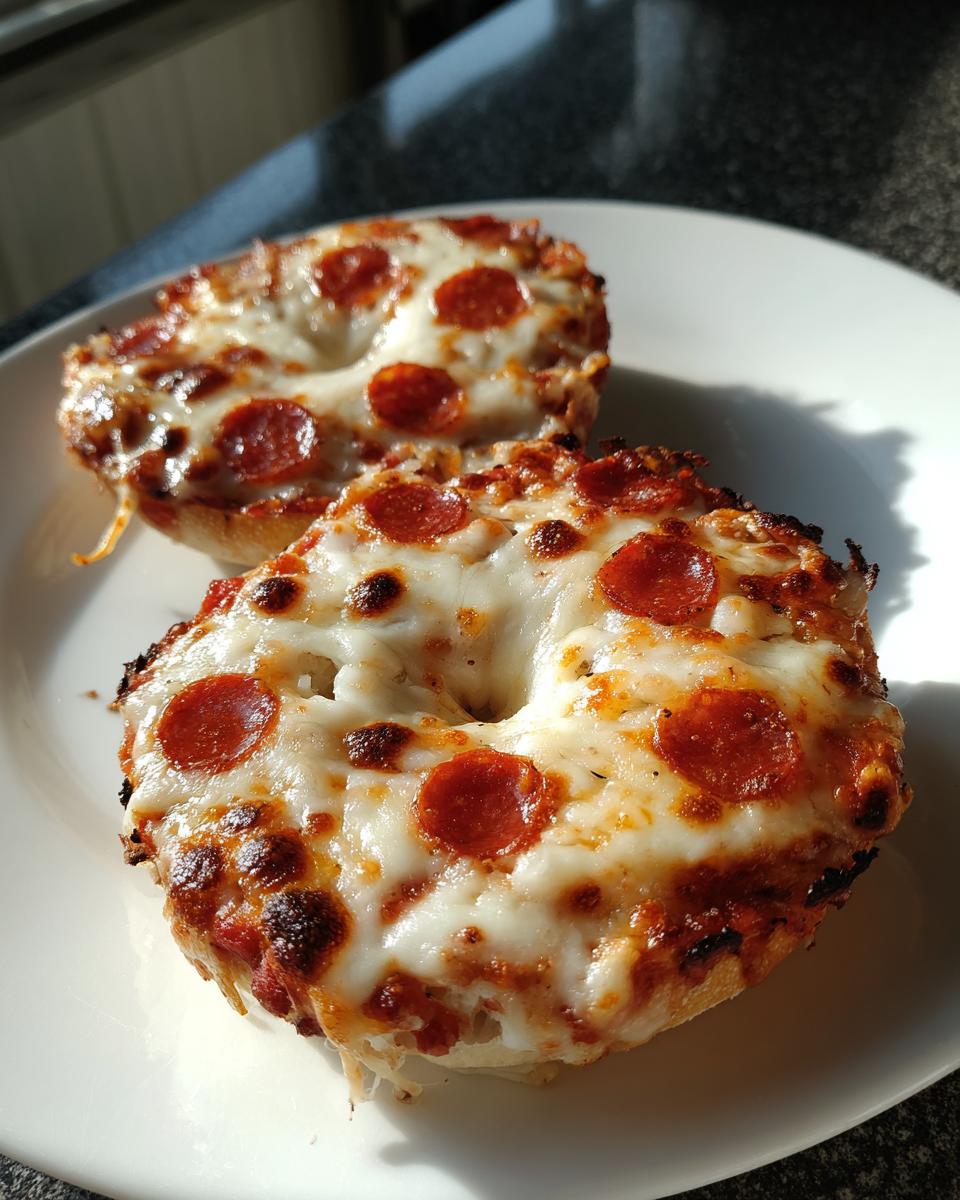 Two perfectly baked pepperoni pizza bagels covered in bubbly, melted mozzarella cheese served on a white plate.
