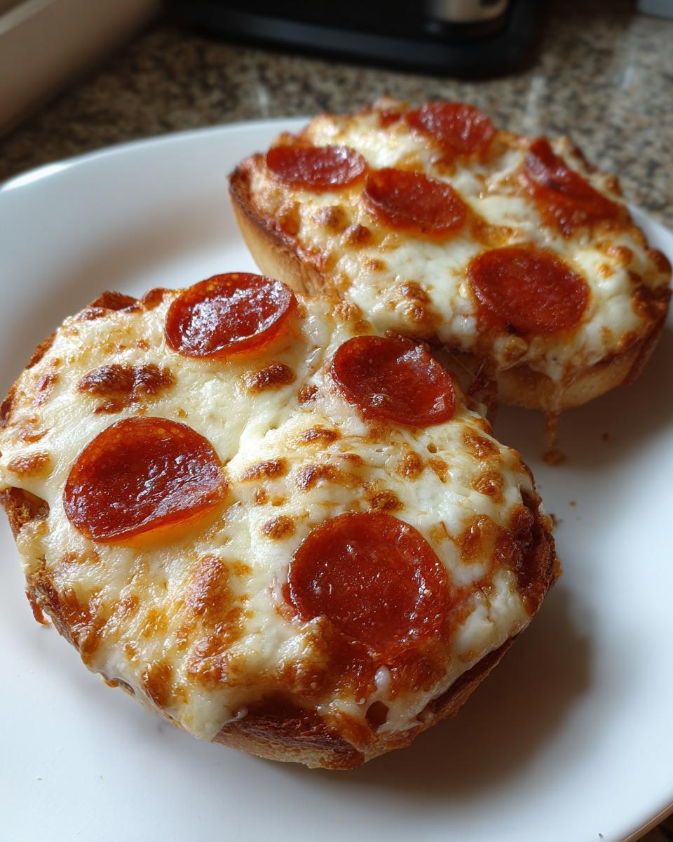 Two halves of freshly baked pepperoni pizza bagels topped with melted, bubbly cheese served on a white plate.