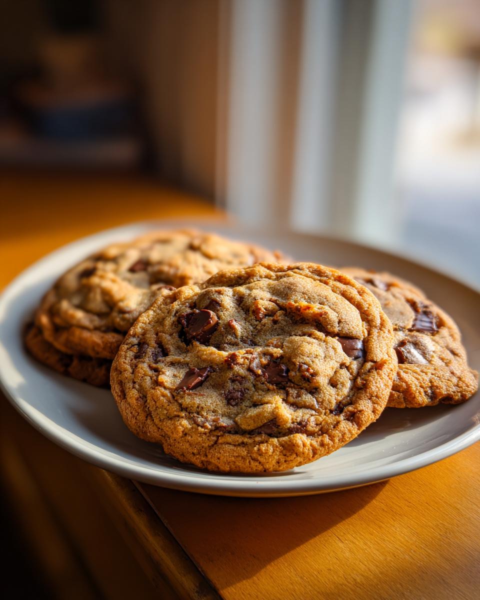 A close-up of three freshly baked, thick chocolate chip cookies stacked on a light plate near a window.