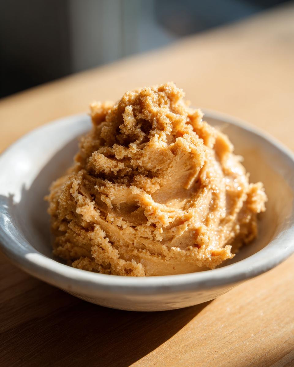 A scoop of fluffy, brown sugar cinnamon butter in a small white bowl, ready to serve.