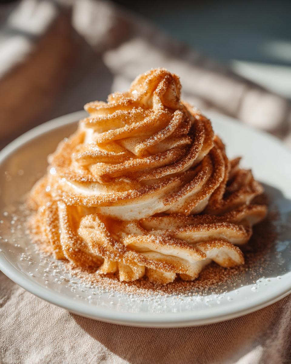 Close-up of piped cinnamon butter, heavily dusted with cinnamon sugar, served on a small white plate.