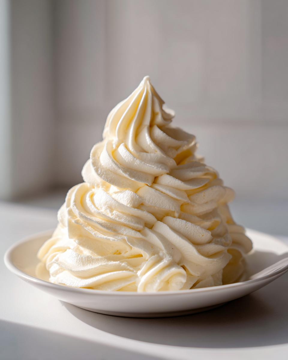 A tall swirl of pale yellow, perfectly piped cream cheese frosting sitting on a small white dish.
