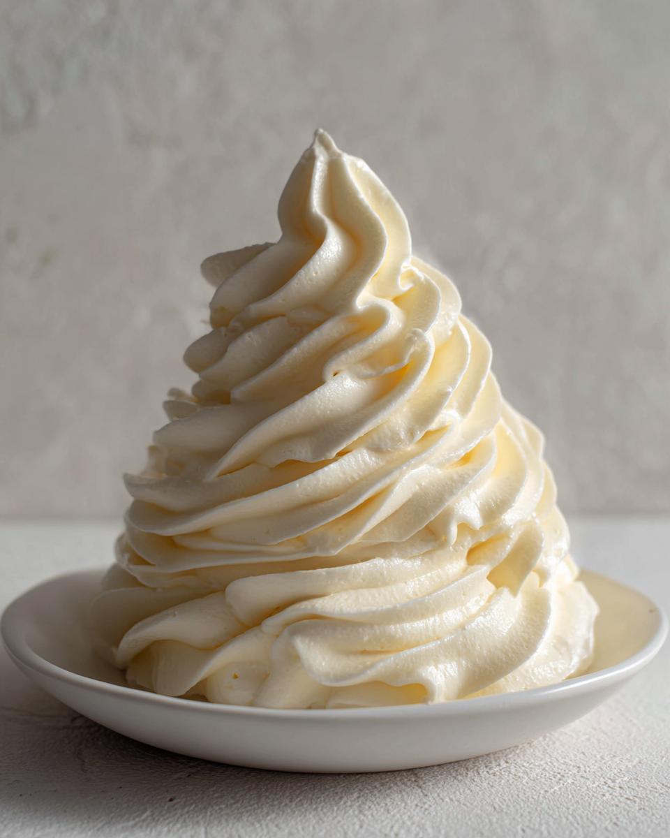 A tall, perfectly piped swirl of fluffy, pale yellow cream cheese frosting sitting in a small white bowl.