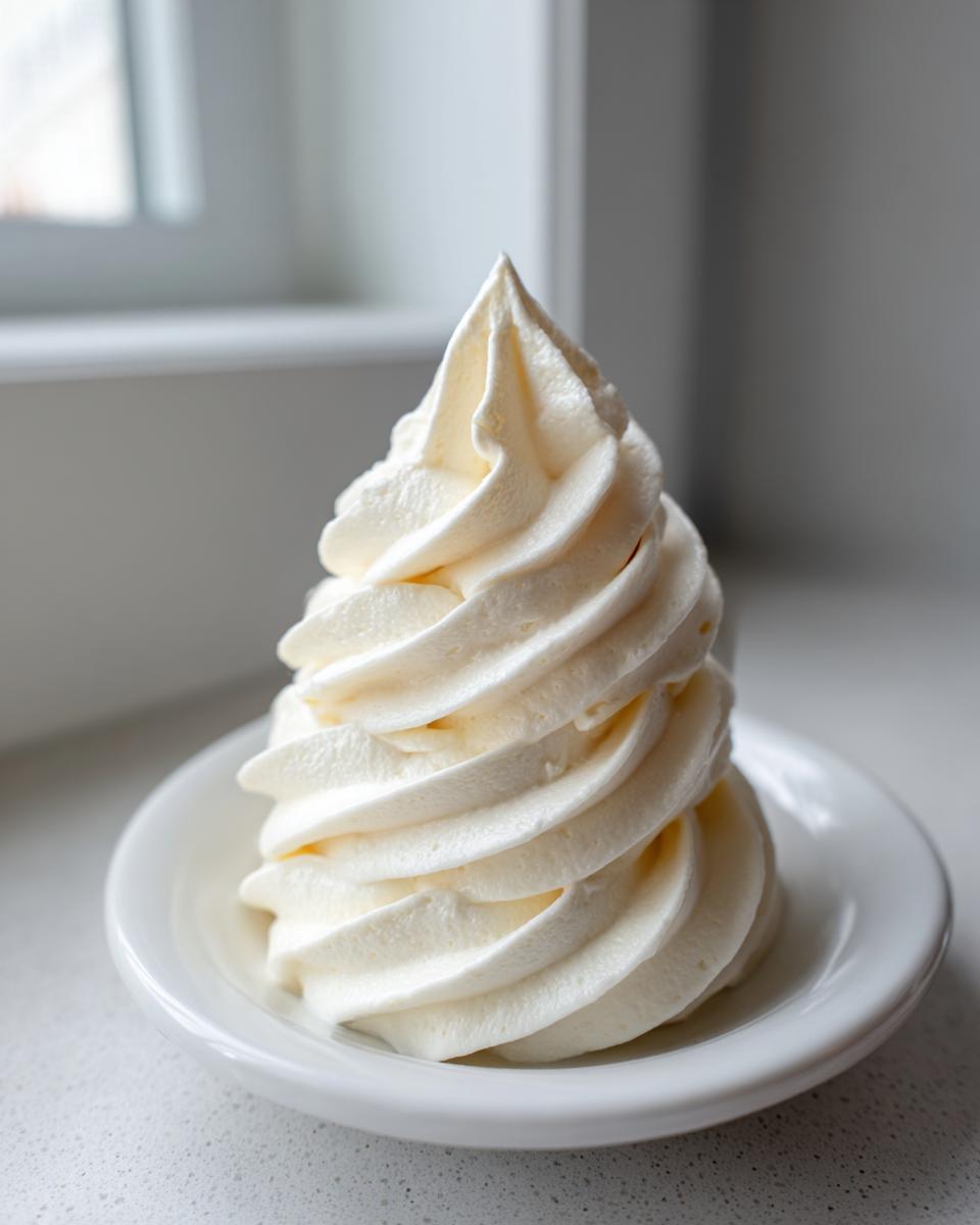 A tall, perfectly piped swirl of light, fluffy cream cheese frosting sitting in a small white dish.