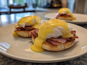 Two servings of classic eggs benedict featuring poached eggs, ham, and rich hollandaise sauce on English muffins.