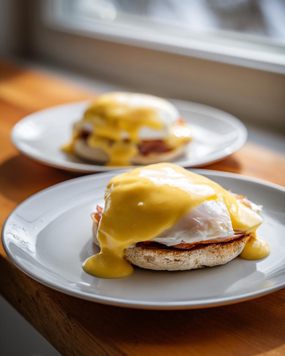 Close-up of homemade eggs benedict featuring a poached egg, ham, and rich hollandaise sauce on an English muffin.