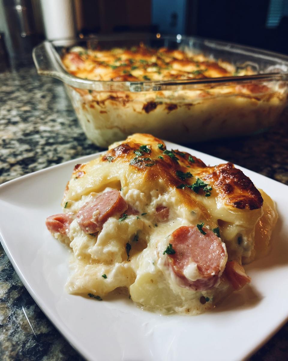 Close-up of a serving of pierogi casserole with sliced sausage, topped with melted, browned cheese and parsley.