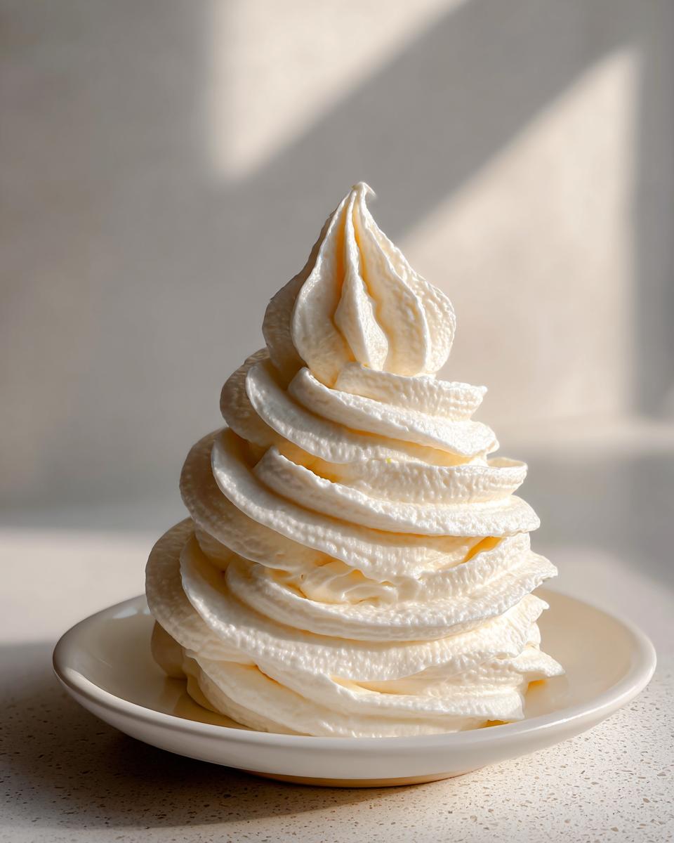 A tall, perfectly piped swirl of fluffy white cream cheese frosting sitting on a small white dish.