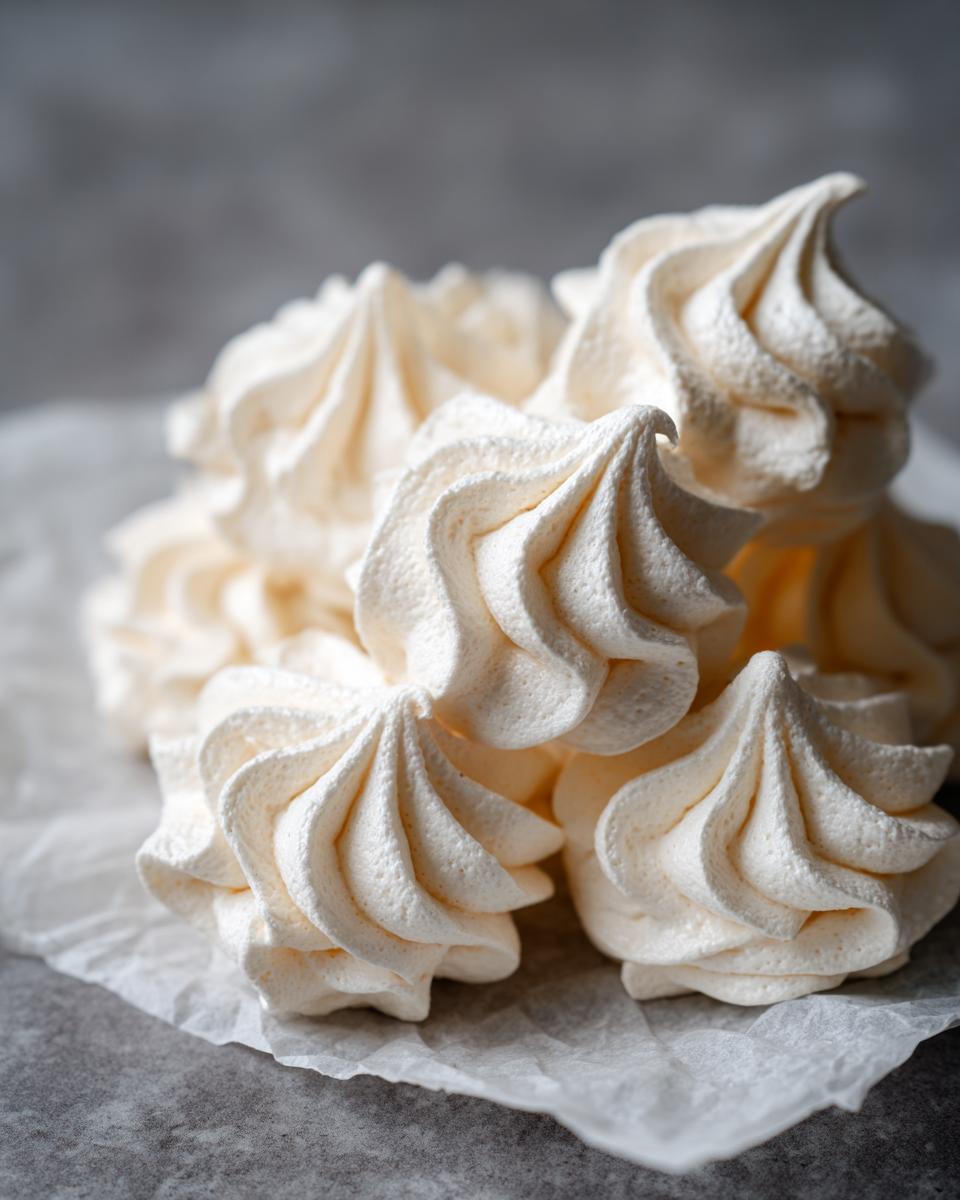 Close-up of several perfectly piped, white meringue cookies stacked on crumpled parchment paper.