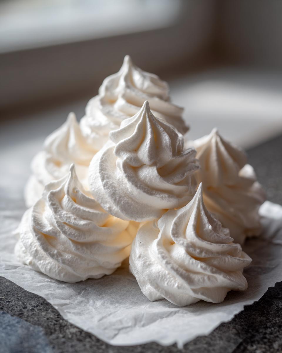 A close-up of several perfectly piped, white meringue cookies stacked together on crumpled parchment paper.