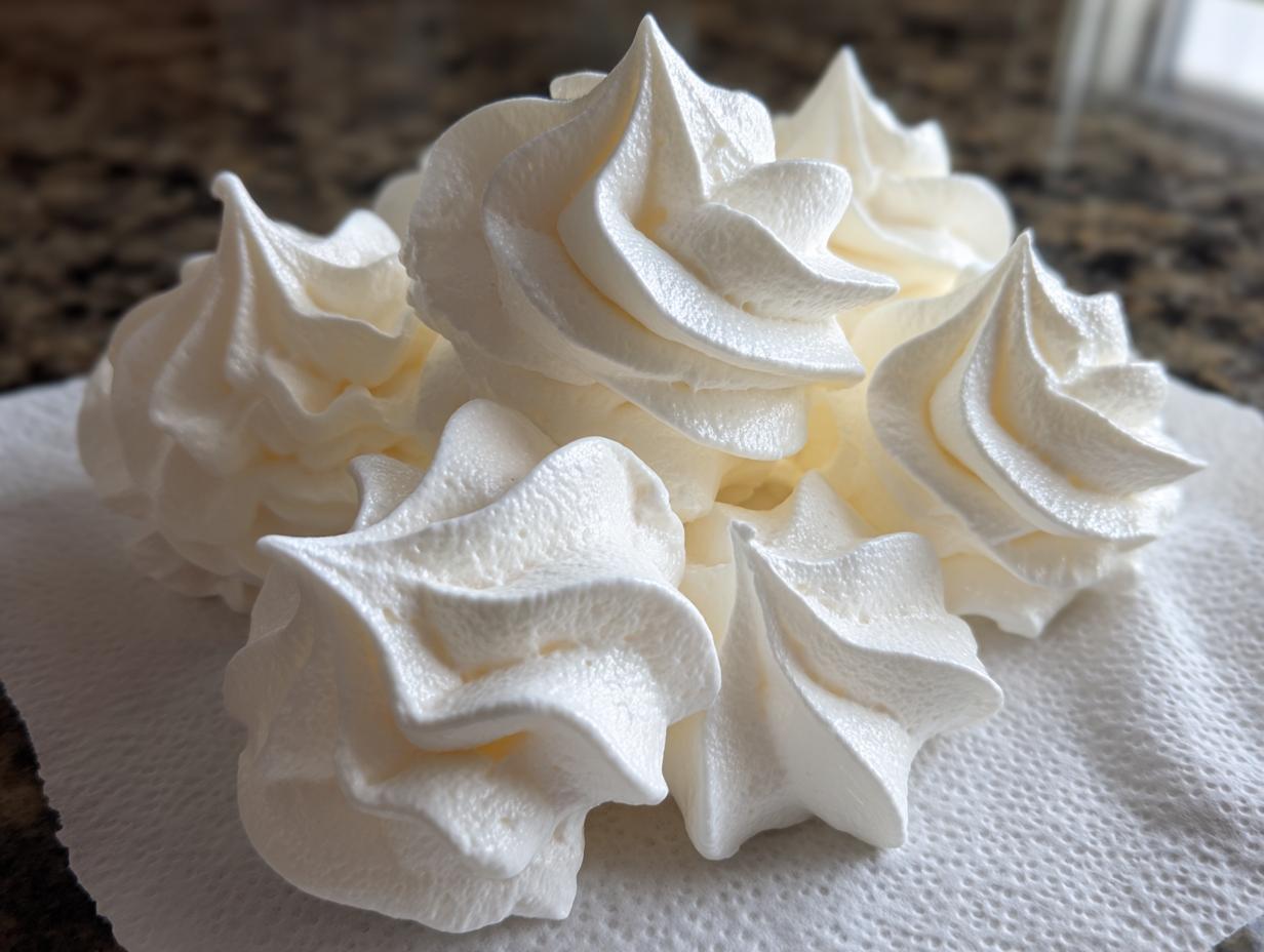 Close-up of several freshly piped, bright white meringue cookies resting on a paper towel.