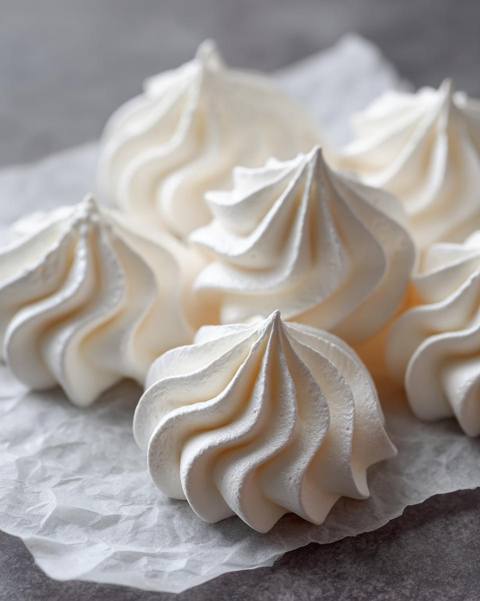 Close-up of several perfectly piped, white meringue cookies resting on crumpled parchment paper.
