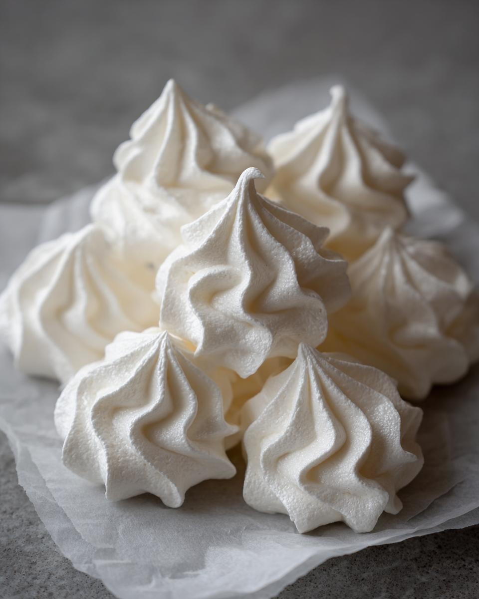 A close-up stack of perfectly piped, white meringue cookies with distinct ridges, resting on parchment paper.
