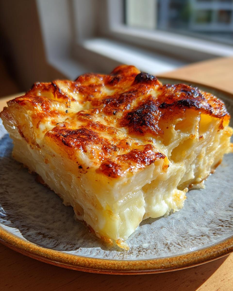 A thick, square slice of creamy potatoes au gratin with a deeply browned, cheesy crust, served on a speckled plate.