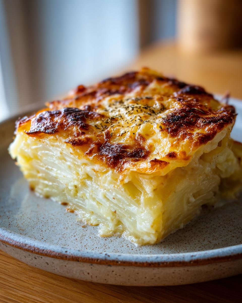 A thick, layered slice of creamy potatoes au gratin with a deeply browned, cheesy crust.