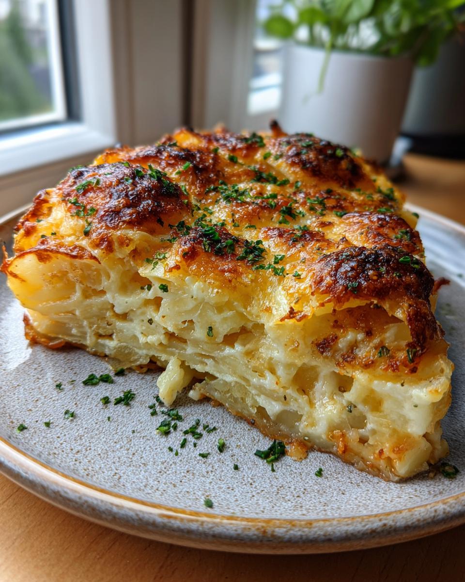 A thick, layered slice of golden-brown potatoes au gratin topped with melted cheese and fresh parsley.