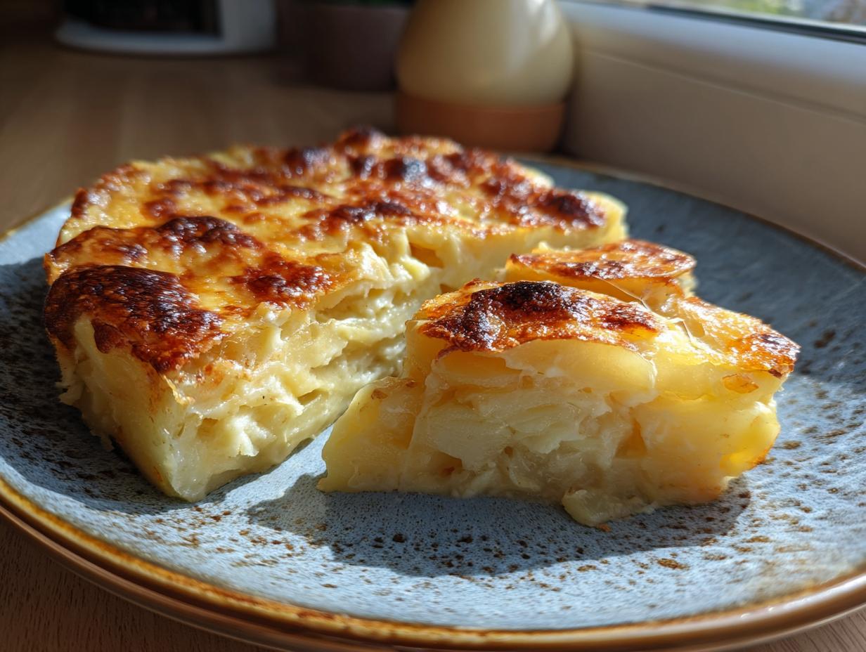 Slices of creamy, cheesy potatoes au gratin with a golden-brown, bubbly crust served on a blue speckled plate.