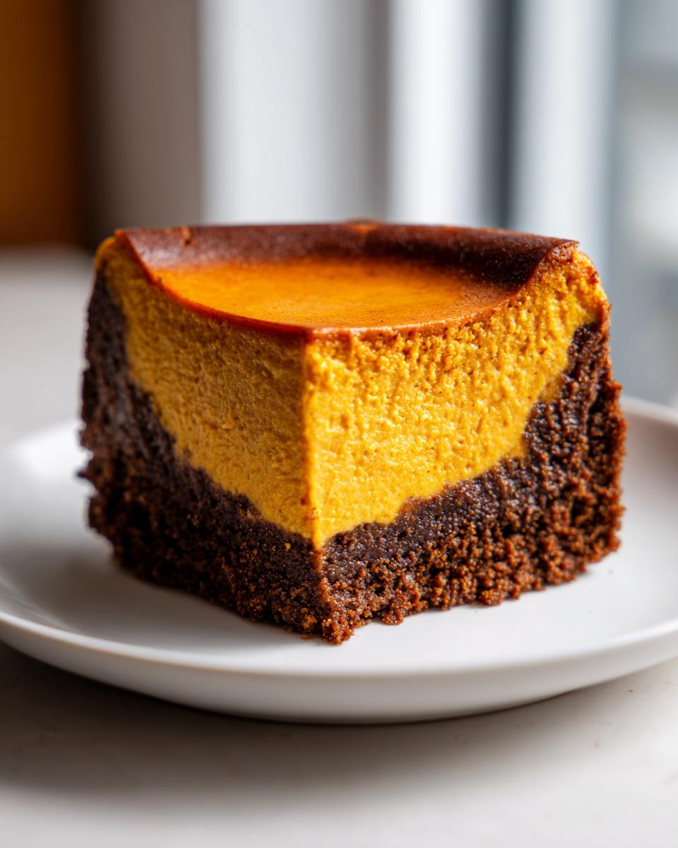 A close-up of a thick slice of pumpkin cheesecake layered over a dark chocolate brownie crust.