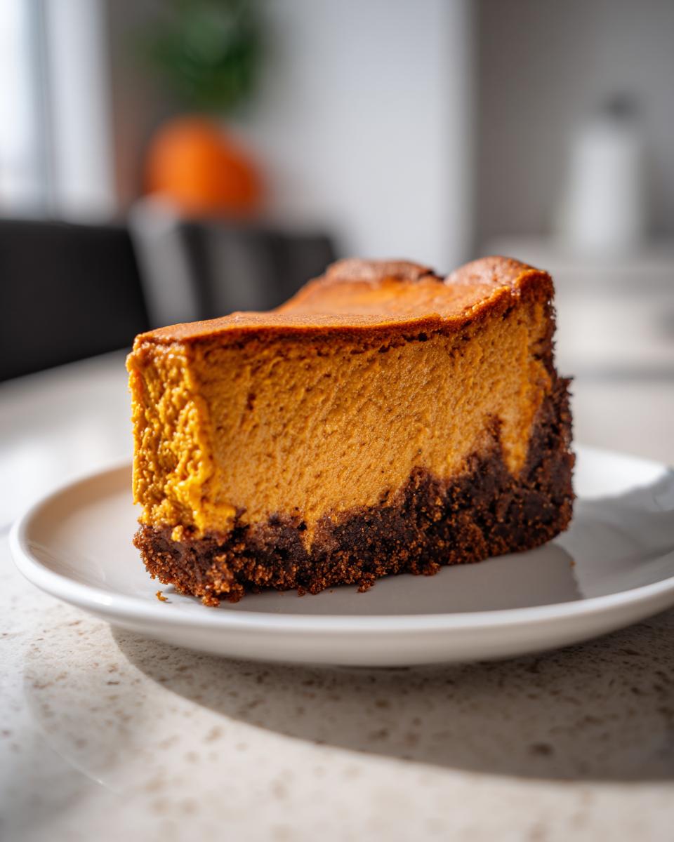 A close-up shot of a thick slice of pumpkin cheesecake with a dark chocolate crust, sitting on a white plate.