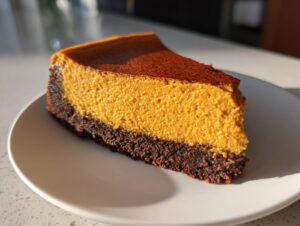 A perfect slice of vibrant orange pumpkin cheesecake resting on a dark chocolate crust, served on a white plate.