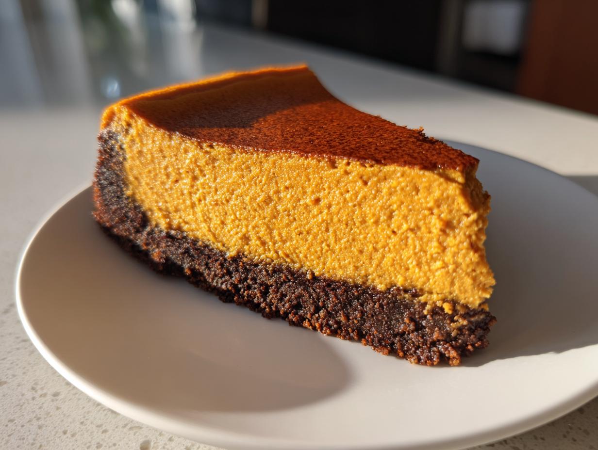 A perfect slice of vibrant orange pumpkin cheesecake resting on a dark chocolate crust, served on a white plate.