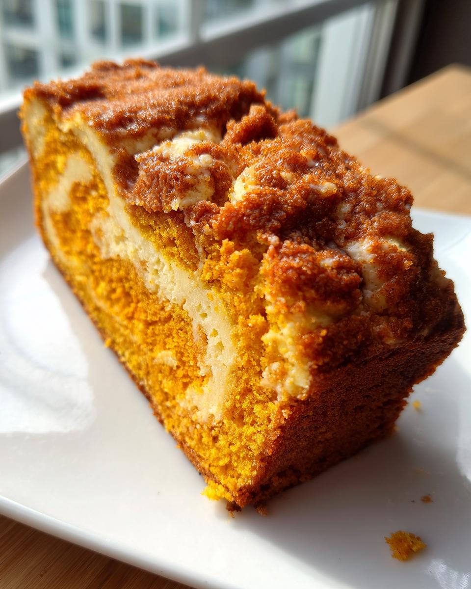 A close-up slice of vibrant orange pumpkin cream cheese bread featuring a marbled cream cheese swirl and brown sugar streusel topping.