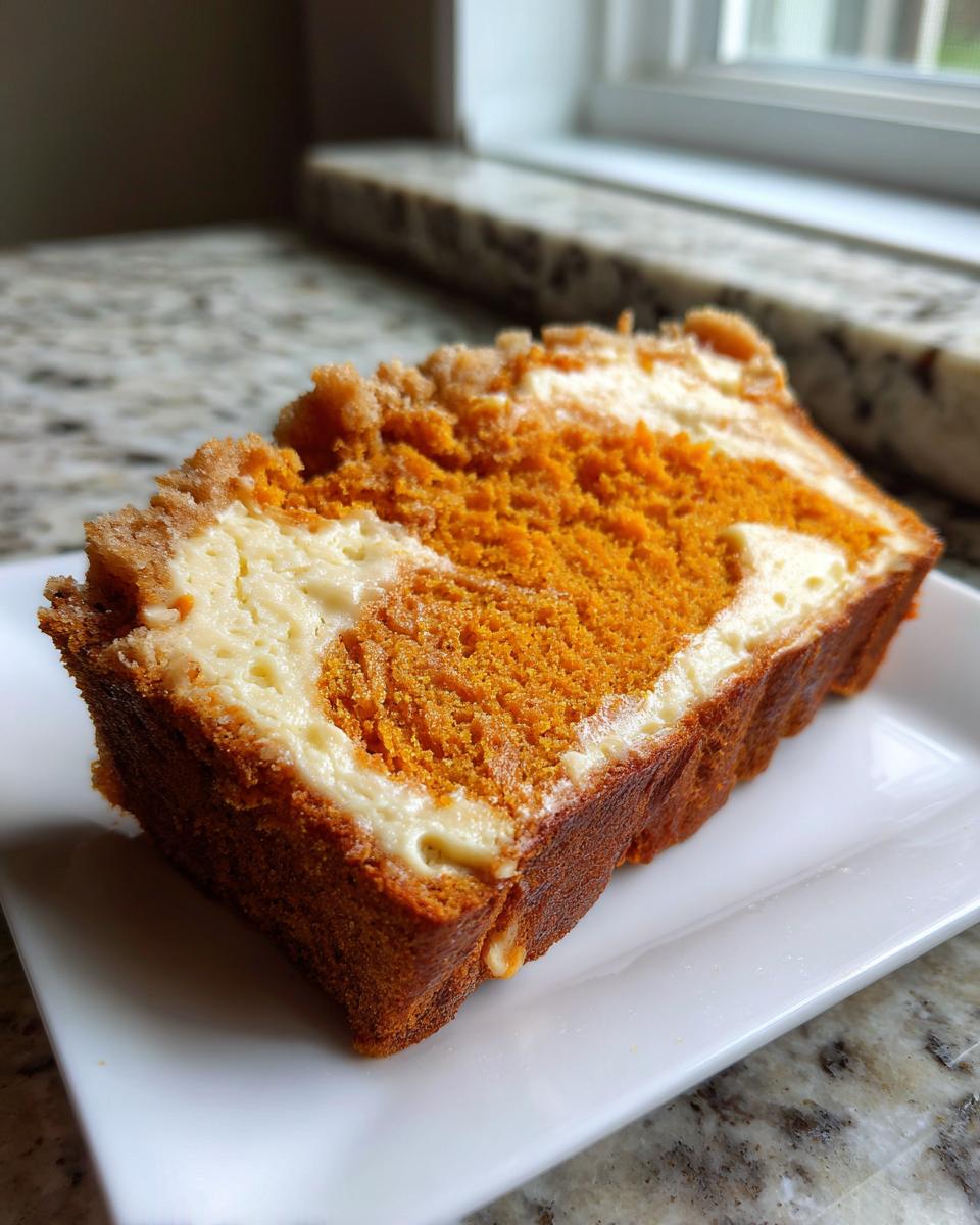 A thick slice of vibrant orange pumpkin cream cheese bread featuring a visible cream cheese swirl and streusel topping, served on a white plate.