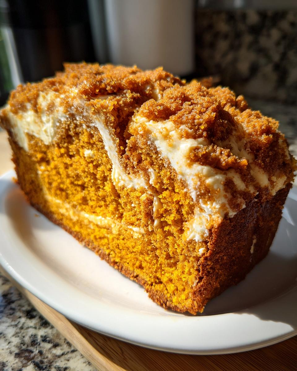 A thick slice of vibrant orange pumpkin cream cheese bread featuring a cream cheese swirl and brown sugar streusel topping.