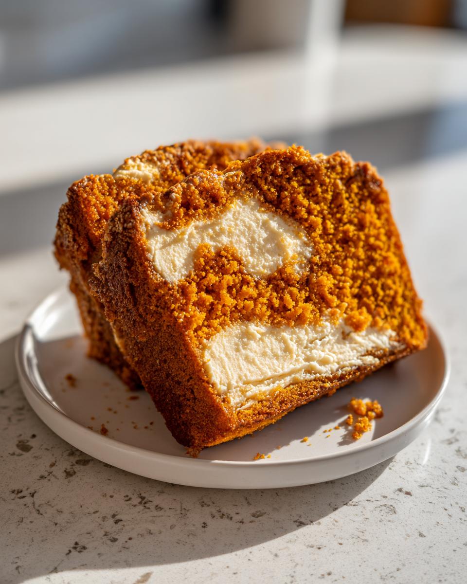 Two thick slices of moist pumpkin cream cheese bread showing a rich orange crumb and a creamy white swirl.