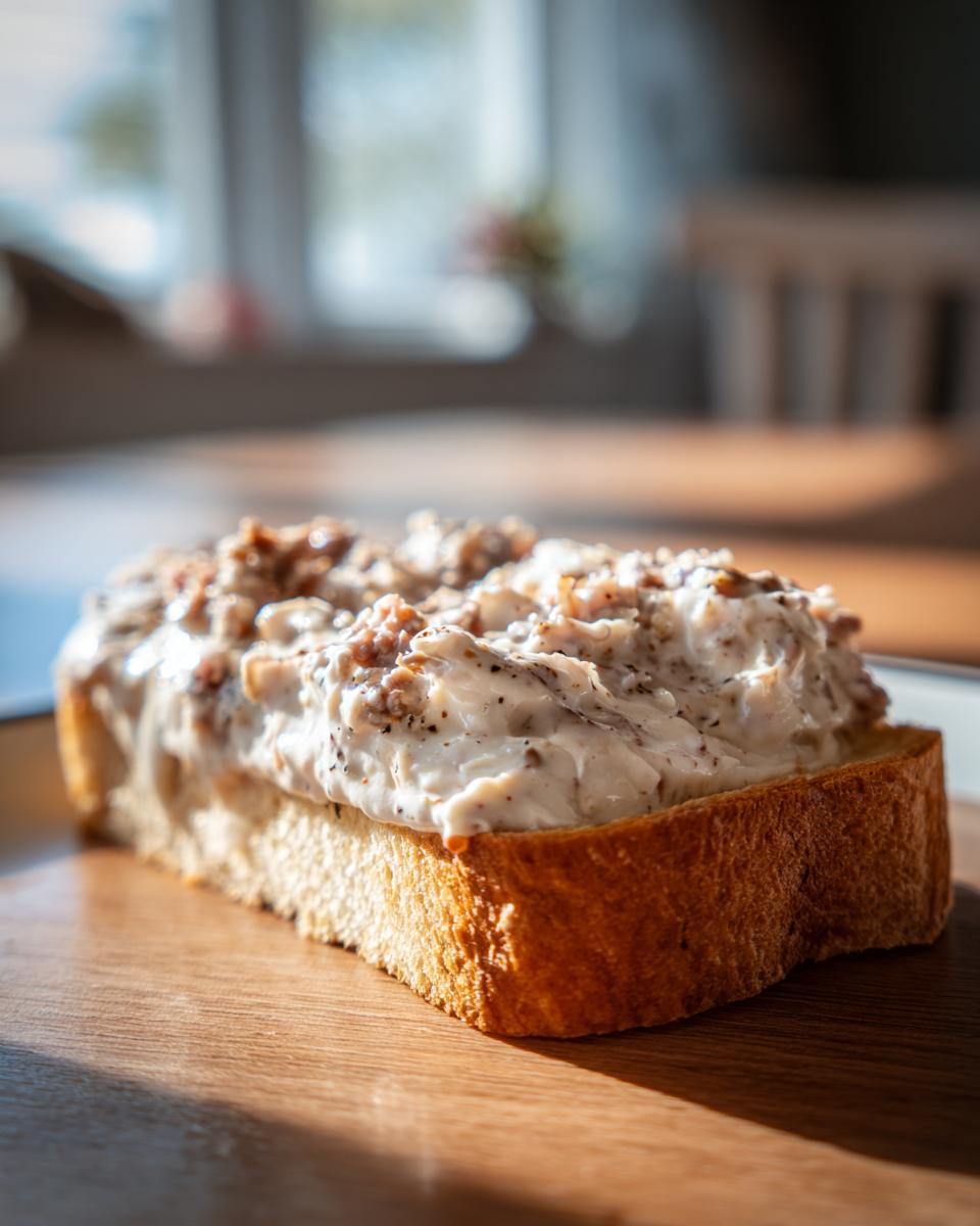 A thick slice of toasted bread generously topped with creamy chipped beef on toast sauce.