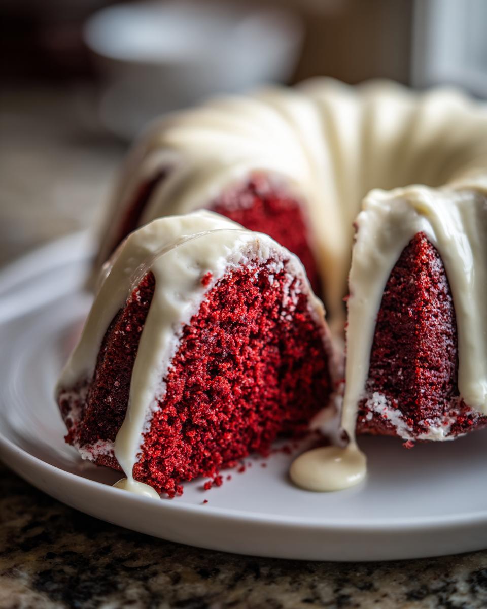 Close-up of a vibrant red velvet bundt cake with a slice removed, generously drizzled with white glaze.