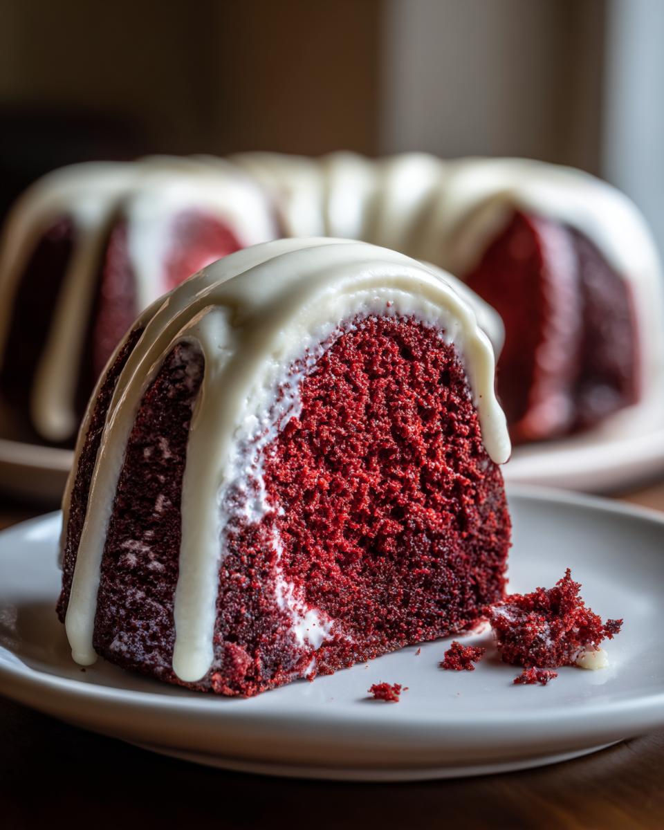 A close-up of a moist slice of red velvet bundt cake topped with thick white glaze, with the rest of the cake in the background.