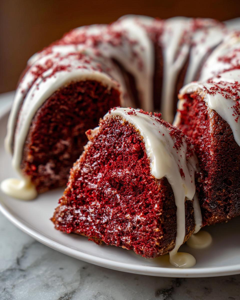 Close-up of a moist slice of red velvet bundt cake topped with white glaze and red crumbs.