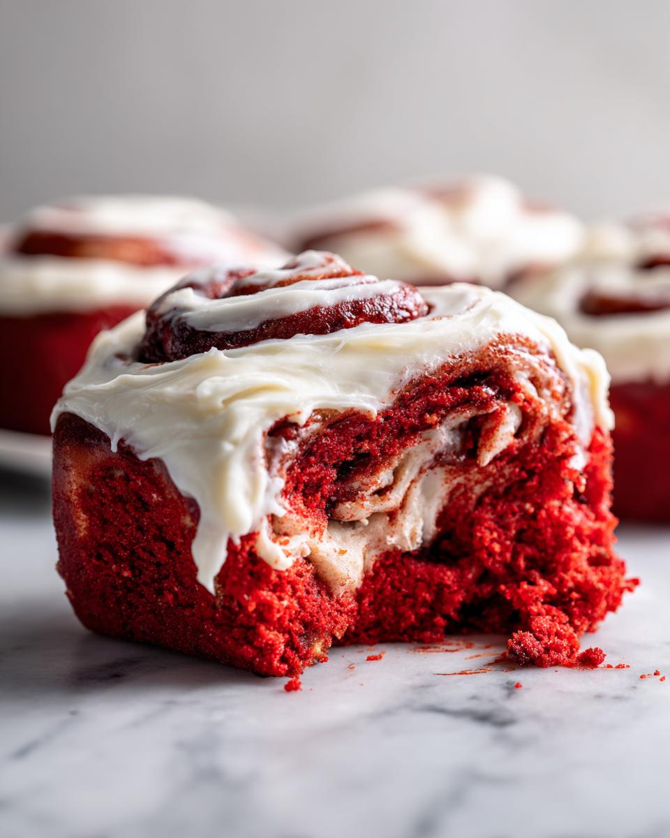 A close-up, cross-section view of a soft, bright red velvet cinnamon roll topped with thick cream cheese frosting.